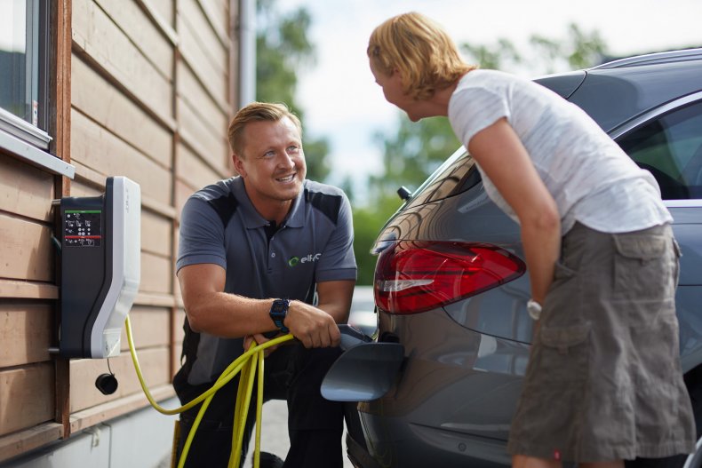 Elfag elektriker og kunde med elbil-lader og bil.