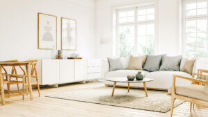 en stue i skandinavisk stil i et tomt hus