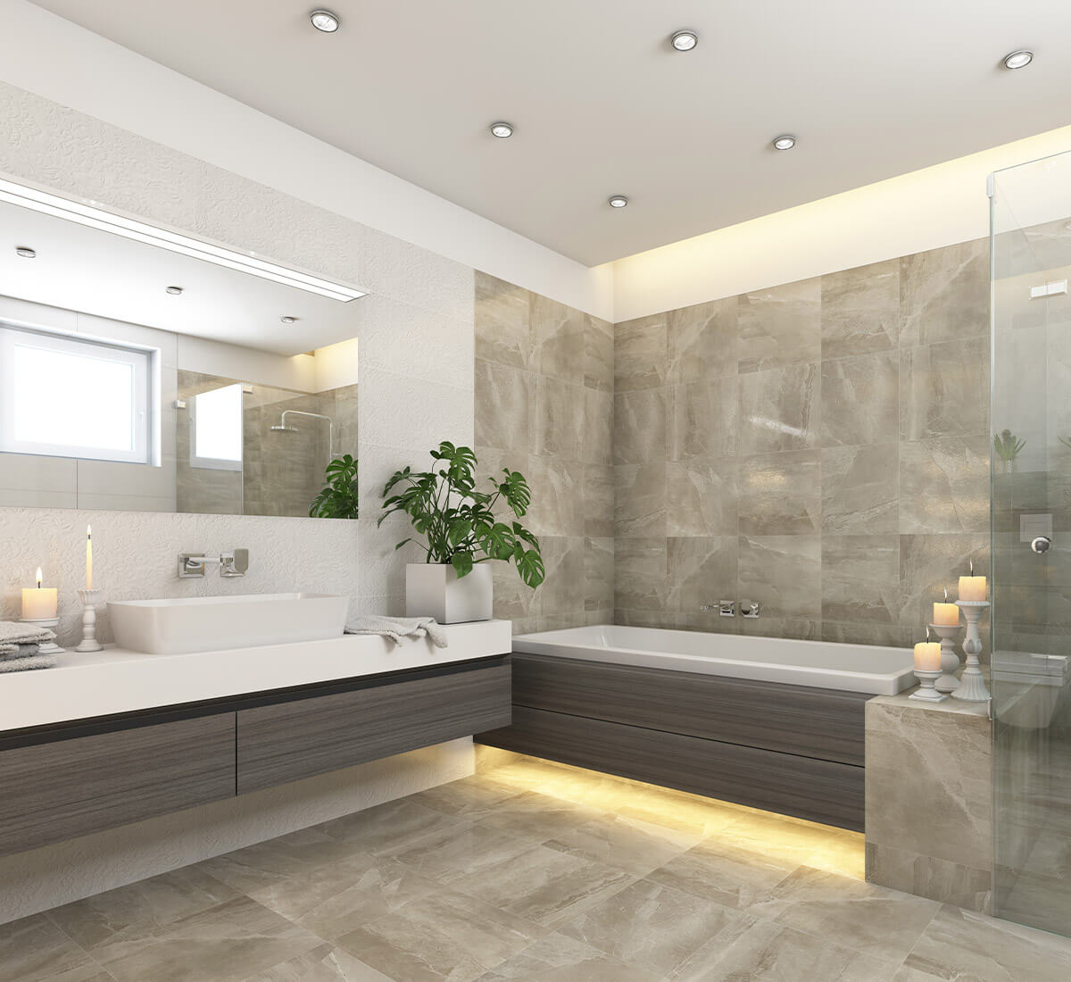 Moderne baderom med beige fliser på gulv og vegg, dobbel vask og badekar.