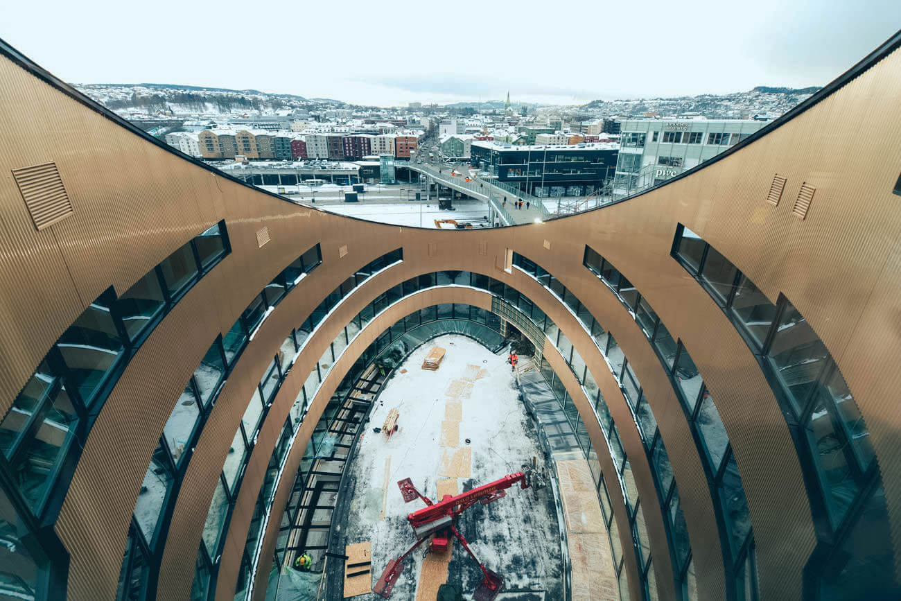 Flyfoto over Powerhouse Brattørkaia i Trondheim.