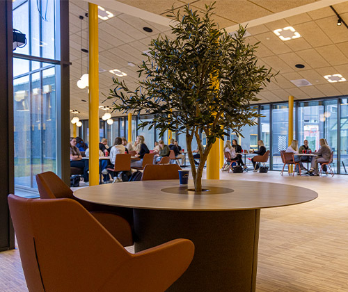 Sitteområde med takbelysning inne på Nord Universitet