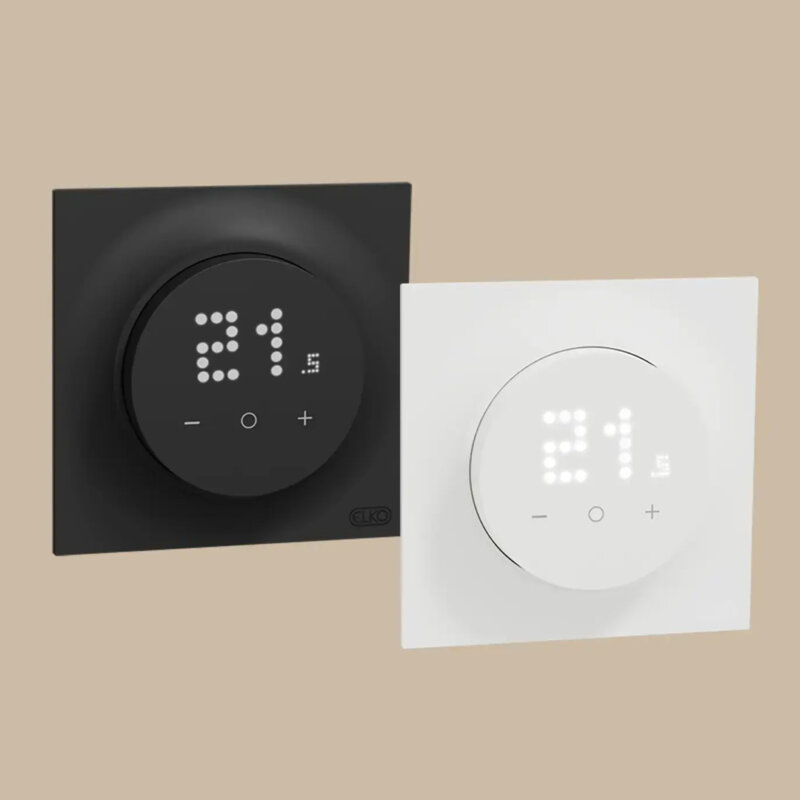 Elko One termostater med display, i både svart og hvit utførelse.