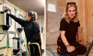 Fjøselektrikeren Tina Nottveit Floen i ulike arbeidssituasjoner.